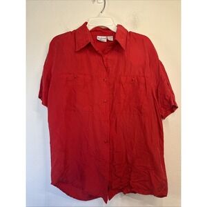 Backroad Blues Women's Red 100% Silk Button Up Shoulder Pads Blouse Top Size M